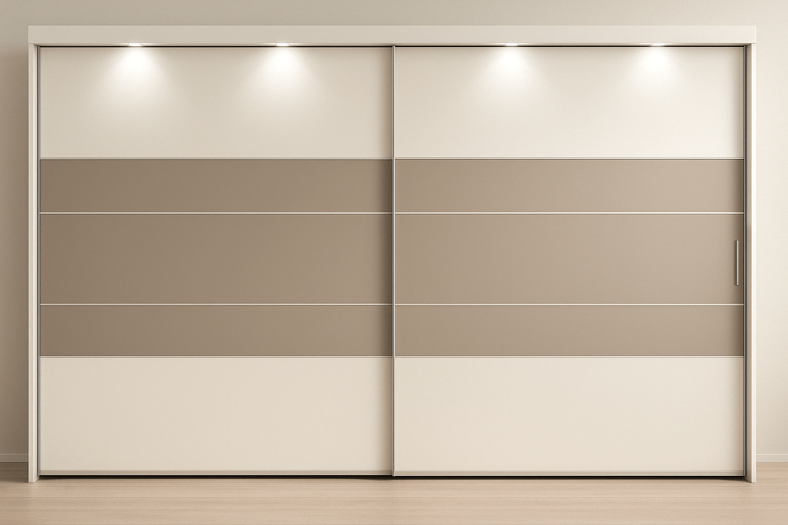 Modern dual-tone sliding wardrobe in beige and ivory finish with integrated spotlighting – custom-designed by interior turnkey contractors and furniture specialists in Trichy road, Singanallur, Coimbatore.