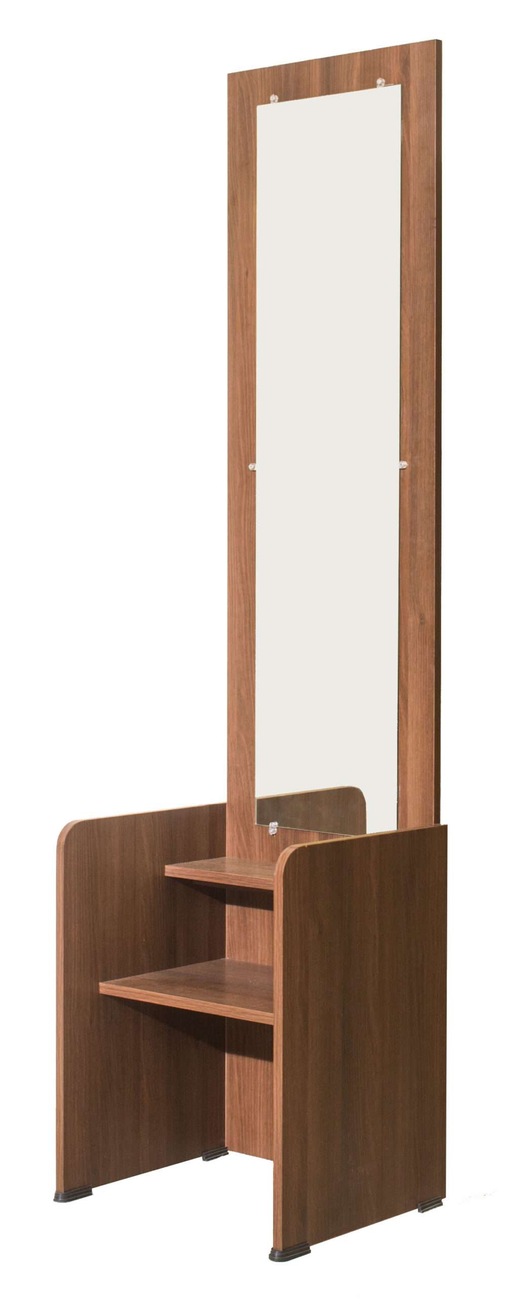 Budget friendly and Compact wooden dressing unit with full mirror and open shelf storage, crafted for functionality in small spaces – manufactured and installed by our team at Mettupalayam, Tamilnadu.