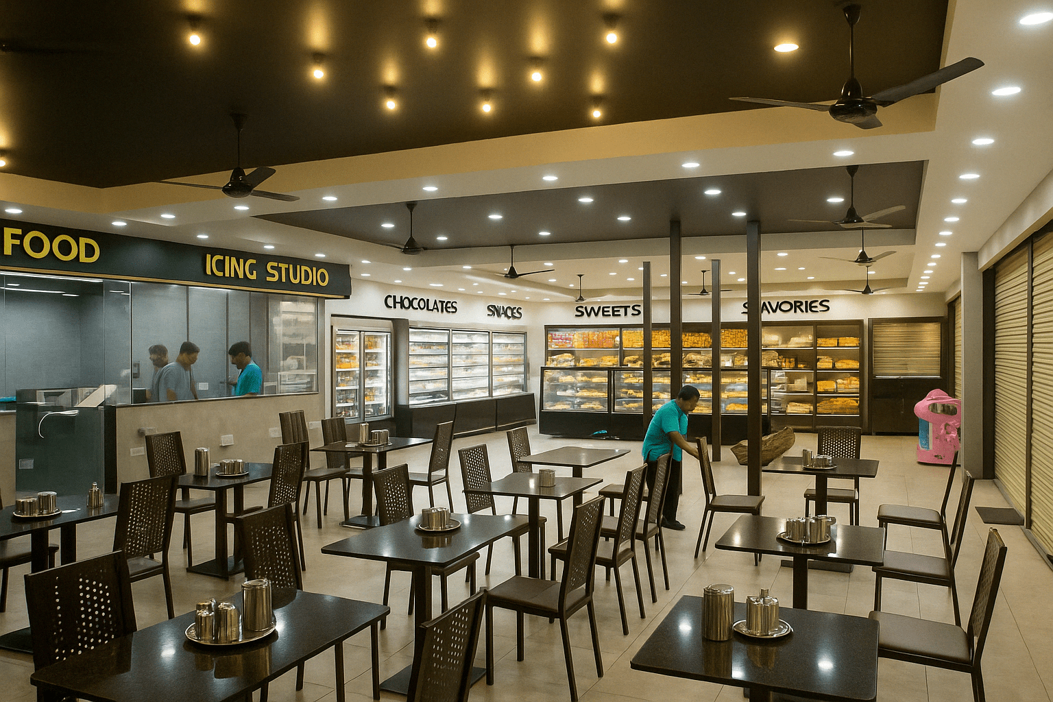 Spacious bakery and coffee shop interior with integrated dining area, custom display counters, ambient lighting, and branded wall sections – fully designed, manufactured, and installed by our expert interior and furniture team in Thudiyalur, Coimbatore, Tamil Nadu.