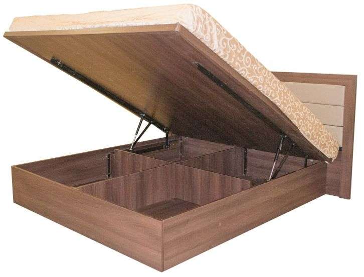 King size engineered wood storage cot with hydraulic lift-up mechanism and partitioned compartments – space-saving bedroom furniture solution installed at Erode by expert interior designers and modular furniture manufacturers. Custom sizes available on request.