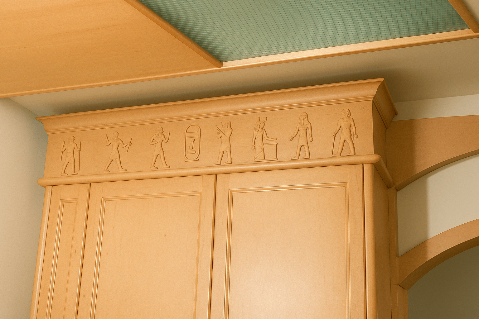 Close-up view of a custom wooden wardrobe loft with intricate Egyptian-style human figure carvings — this bespoke bedroom furniture is at Ondipudhur, Coimbatore. Designed, manufactured, and installed by our expert interior and furniture team.