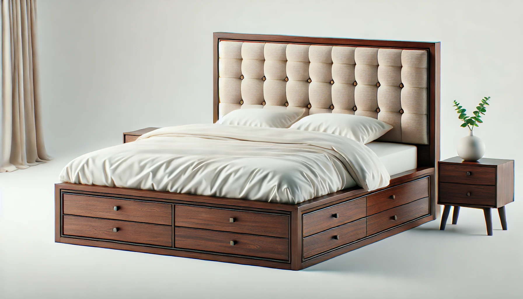 Premium king size wooden cot with full tufted upholstered headboard and multiple built-in drawer storage on all sides – a perfect blend of luxury and functionality, crafted for modern homes at Coimbatore by professional interior designers and custom furniture experts.