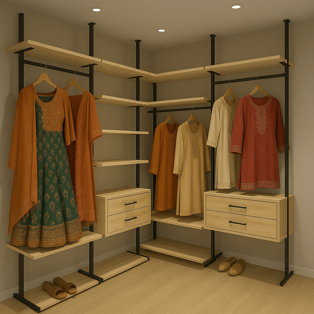 Modern walk-in wardrobe with aluminium profile open shelving and floating drawer units in natural wood finish – custom-designed and installed at Tiruppur, Coimbatore by expert interior designers, furniture makers, and turnkey wardrobe contractors.