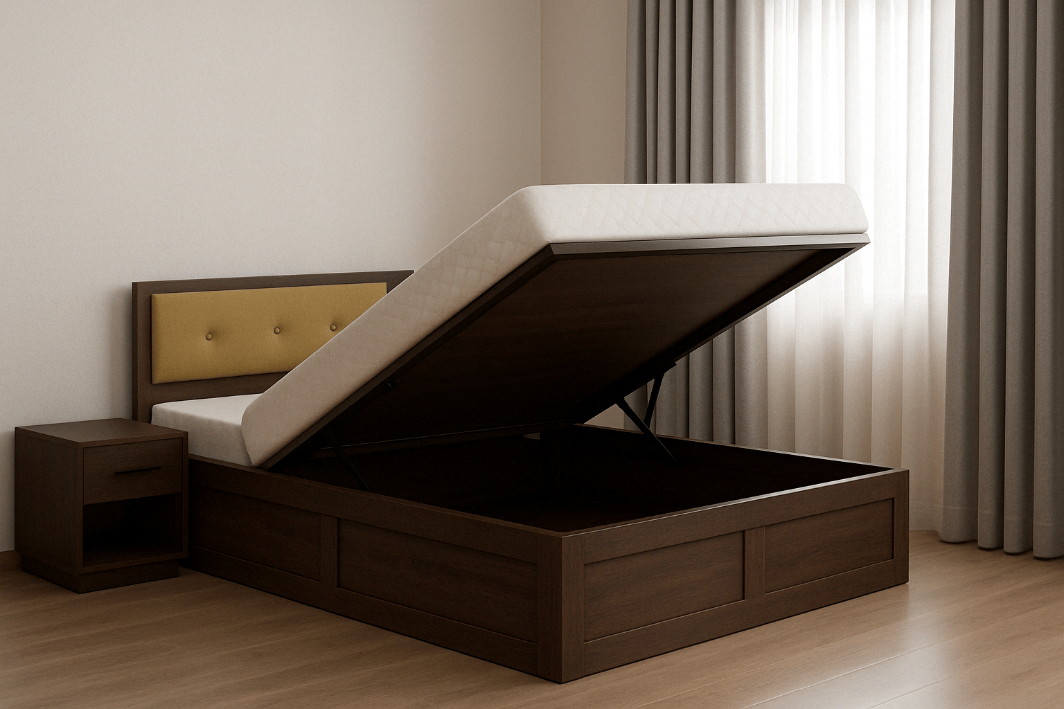 King size hydraulic storage cot in dark wood finish with cushioned mustard headboard and matching bedside table – space-saving bedroom furniture custom-built at Avinashi Road, Coimbatore, Tamil Nadu by expert interior designers and modular furniture manufacturers. Custom sizes available.