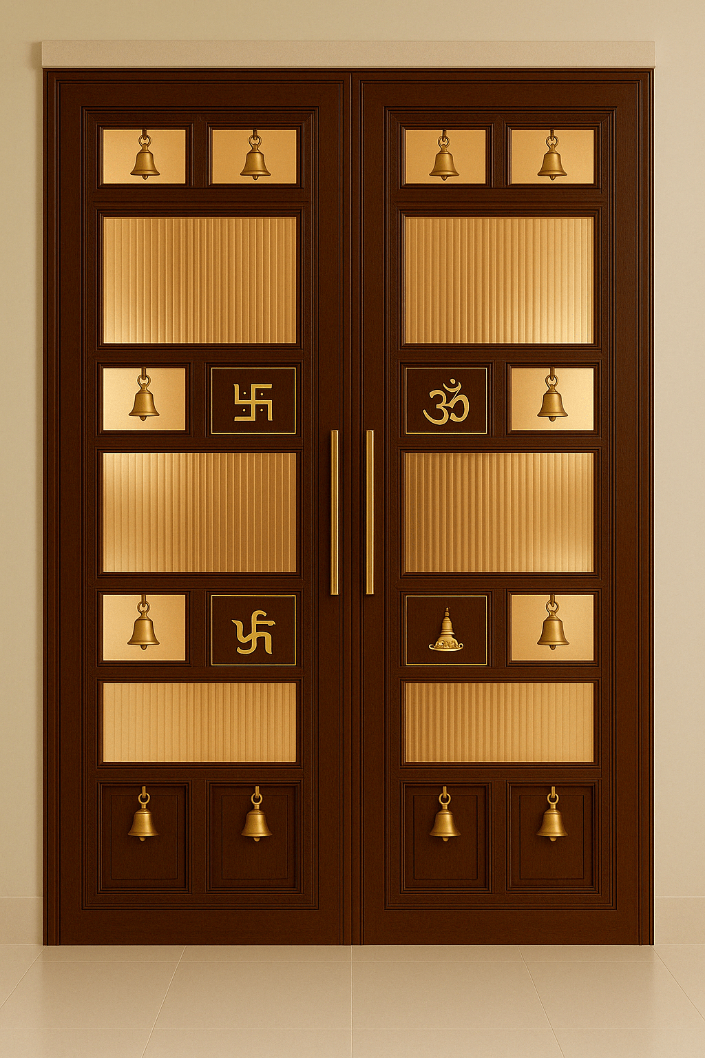 Traditional wooden Pooja room door with brass bells and religious motifs including Om and Swastik symbols, custom crafted at a residence on Trichy Road, Singanallur, Coimbatore – designed by expert interior contractors.