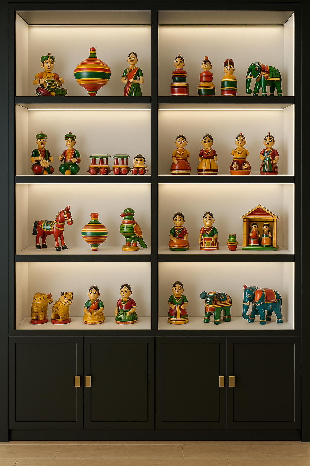 Elegant display unit with internal lighting designed to showcase traditional Indian wooden toys and dolls, custom-made for a home in Tamil Nadu – executed by expert interior designers and furniture contractors.