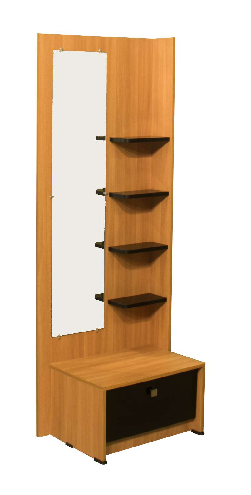 Contemporary dressing unit with full-length mirror, corner display shelves, and base drawer storage – crafted and installed by our team at Neelambur, Avinashi Road, Coimbatore.