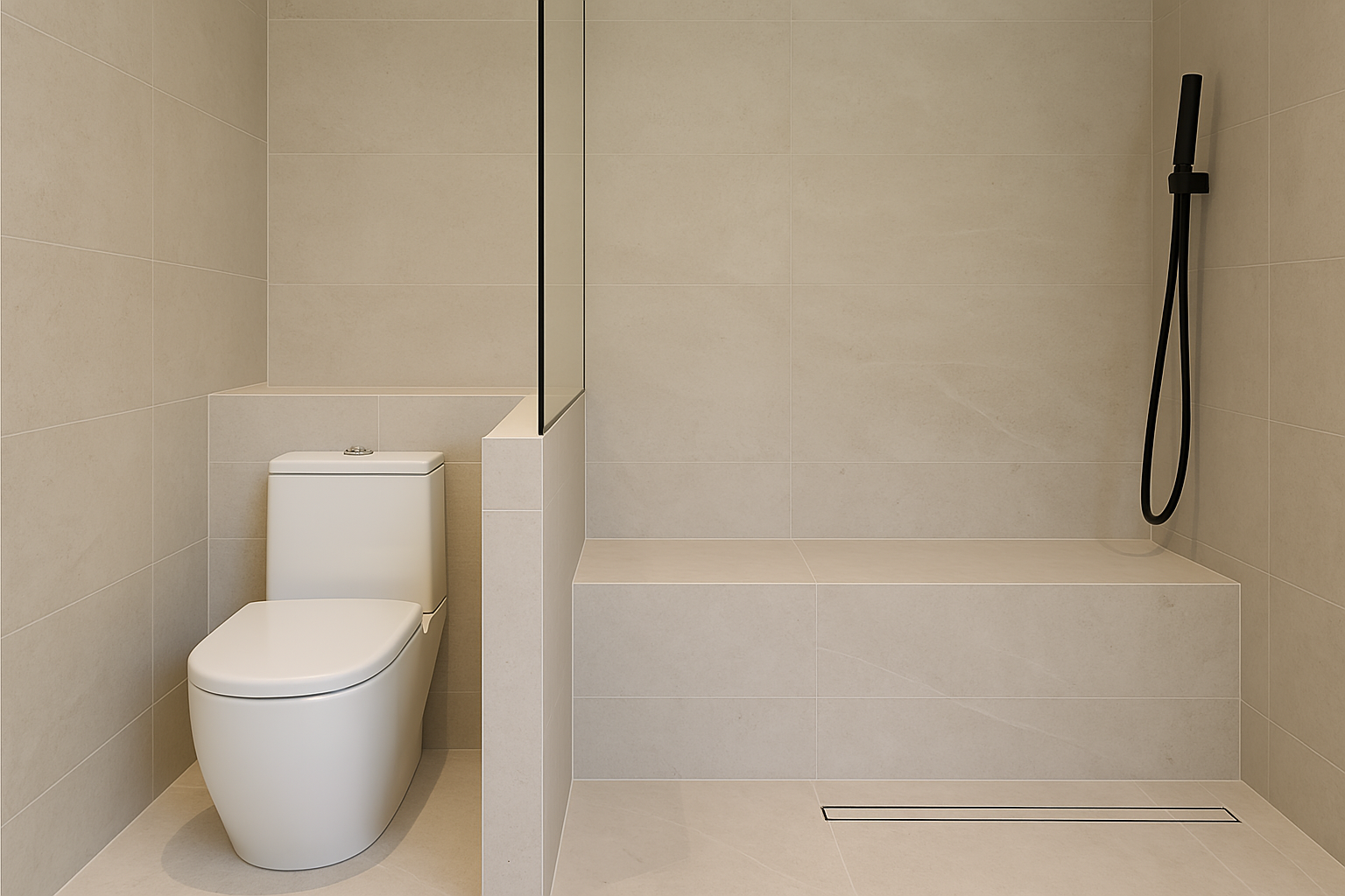 Minimalist bathroom with fixed sliding glass partition at an apartment on Avinashi Road, Coimbatore – clean modern design with integrated shower and toilet zones. Designed, manufactured, and installed by our expert interior and furniture team.