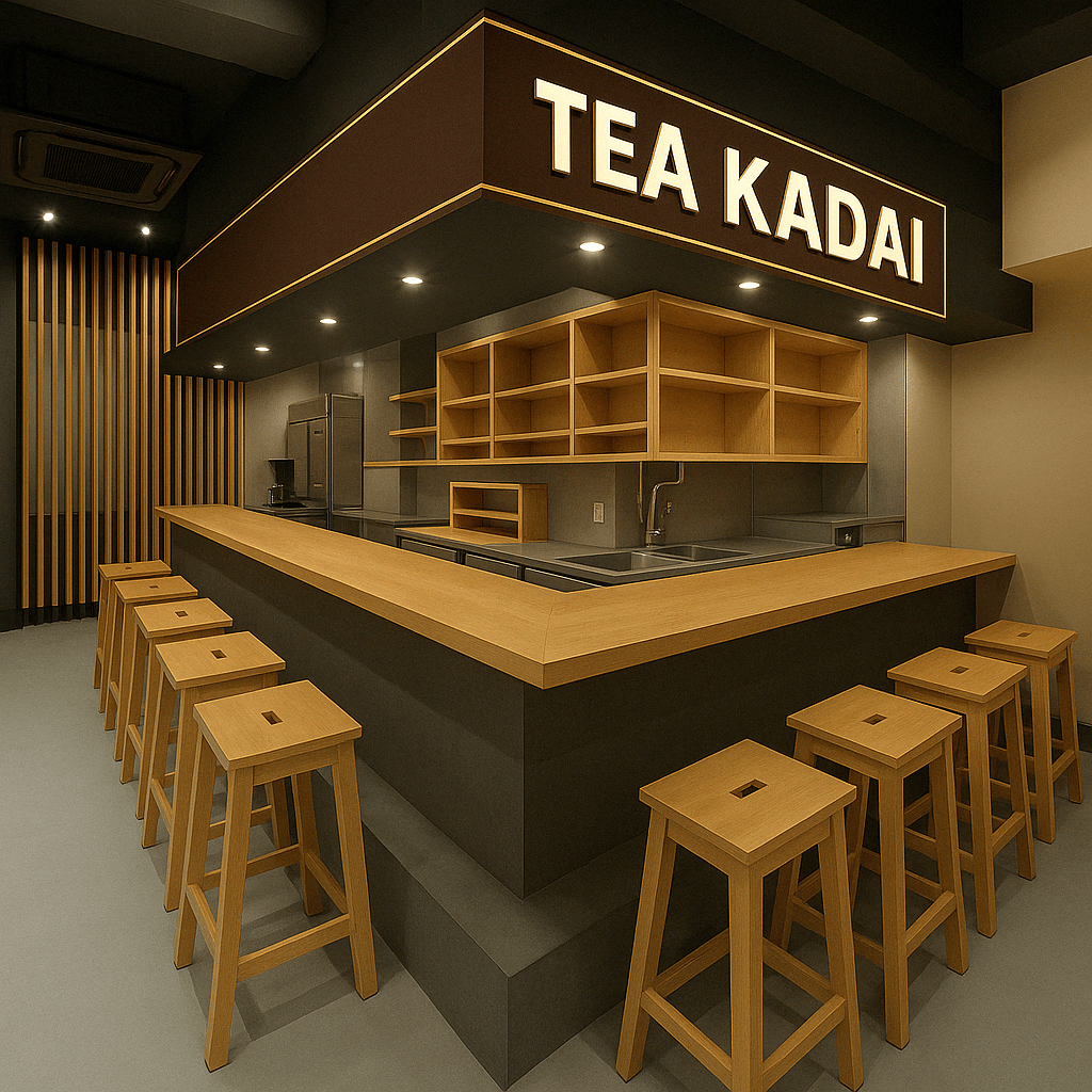 Minimalist tea shop interior with wooden counter, bar stools, open shelving, and bold signage – fully designed, manufactured, and installed by our expert team at a modern Tea shop in Chennai, Tamil Nadu.