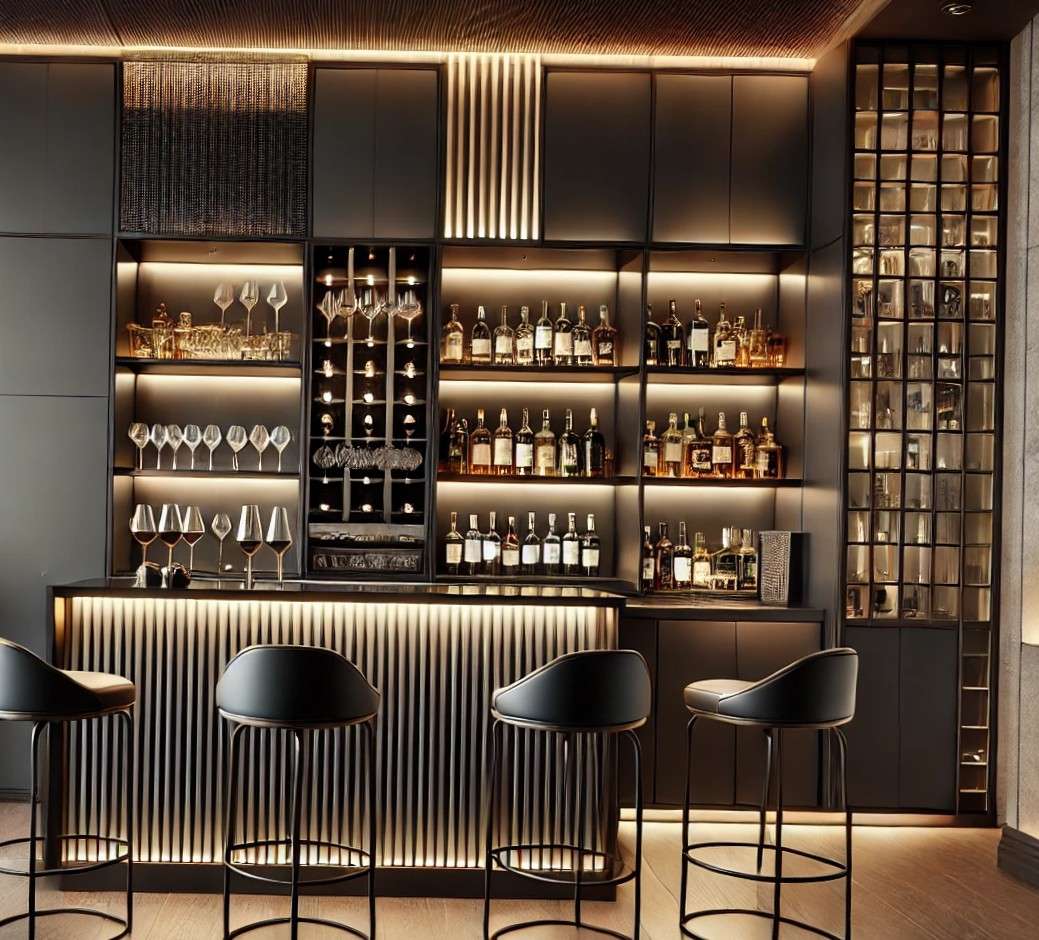 Luxury home bar counter with fluted panel design, ambient backlit shelves, glassware display, and wine storage – designed, manufactured, and installed by our expert interior team at a premium villa on Avinashi Road, Tiruppur.