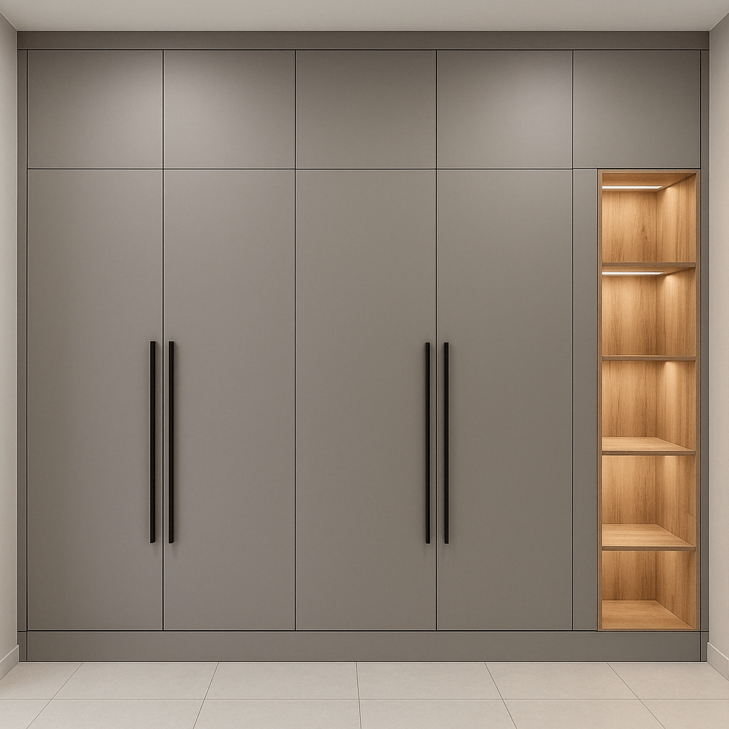 Contemporary grey modular wardrobe with tall handles with integrated LED lighting — Designed, manufactured, and installed by our expert interior and furniture team as part of a modern residence interior design by interior specialists at Singanallur, Coimbatore, India.
