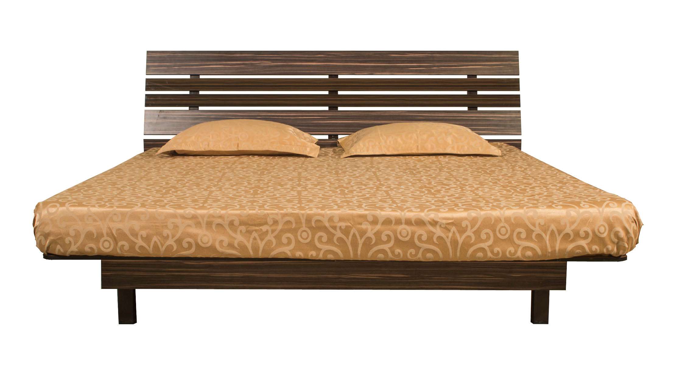 King size wooden cot with contemporary slatted headboard design in dark wood finish – crafted for modern bedrooms and installed at Tiruppur. Also available in queen size, single cot, or fully customized dimensions from expert furniture makers and interior designers.
