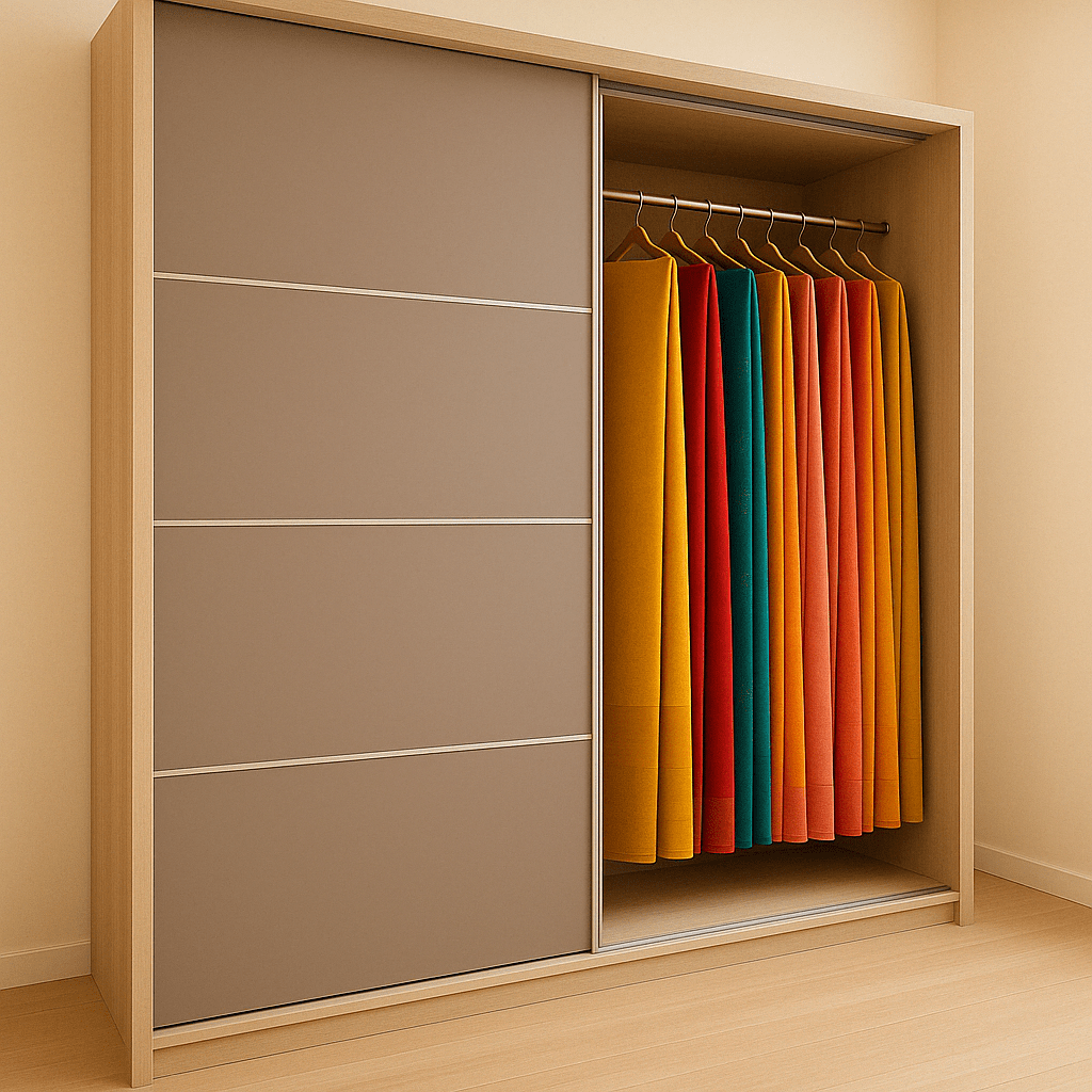Modern sliding wardrobe with tall hanging space for sarees, finished in matte beige and light wood tones – Designed, manufactured, and installed by our expert interior and furniture team.
