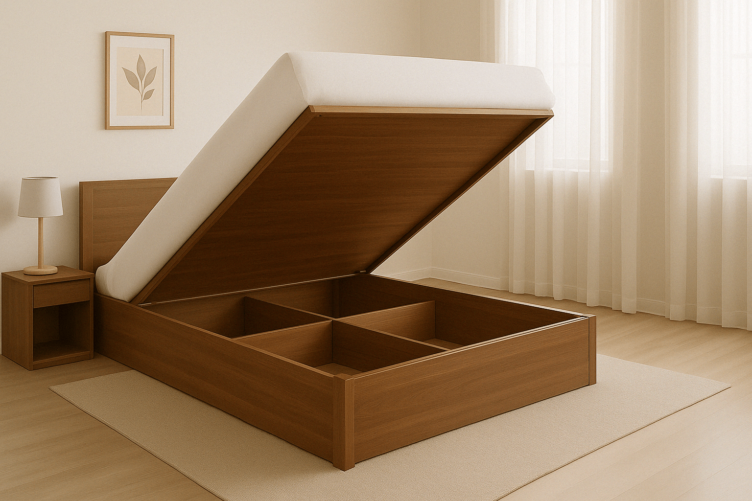 King size hydraulic storage cot in natural wood finish with lift-up mattress panel and partitioned under-bed storage – custom-crafted for space-saving bedroom interiors and installed in Chennai by leading interior designers and modular furniture specialists. Custom sizes available.