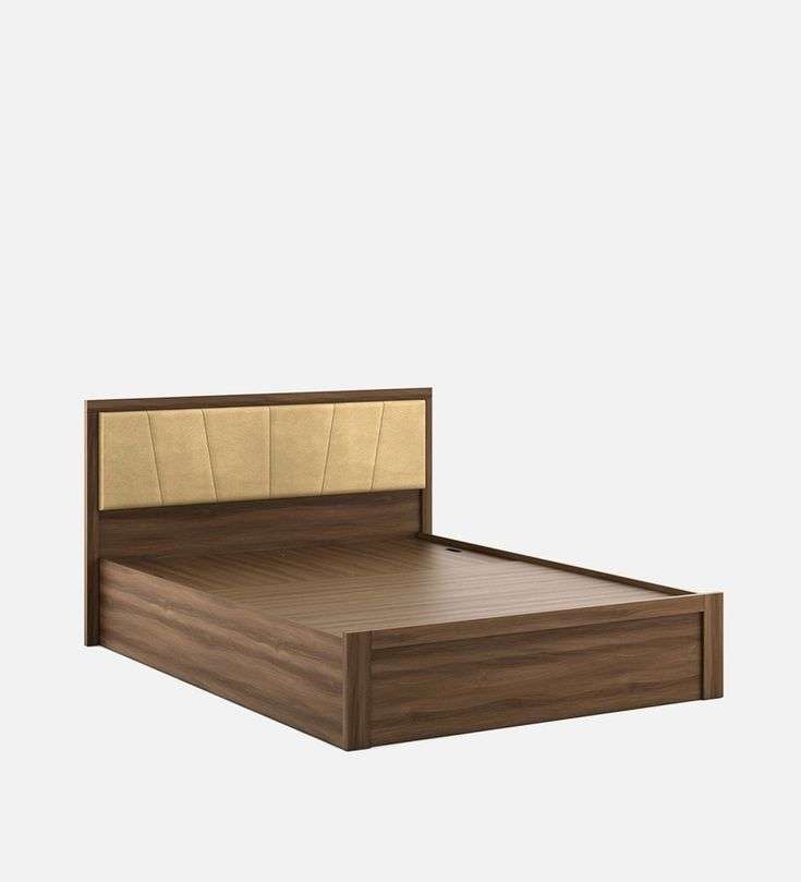 Engineered wood king size cot with matte walnut finish and cushioned mustard headboard – installed at Mettupalayam, Tamil Nadu. A space-saving, modern bed frame ideal for contemporary Indian homes, available in custom sizes from interior designers and furniture specialists.