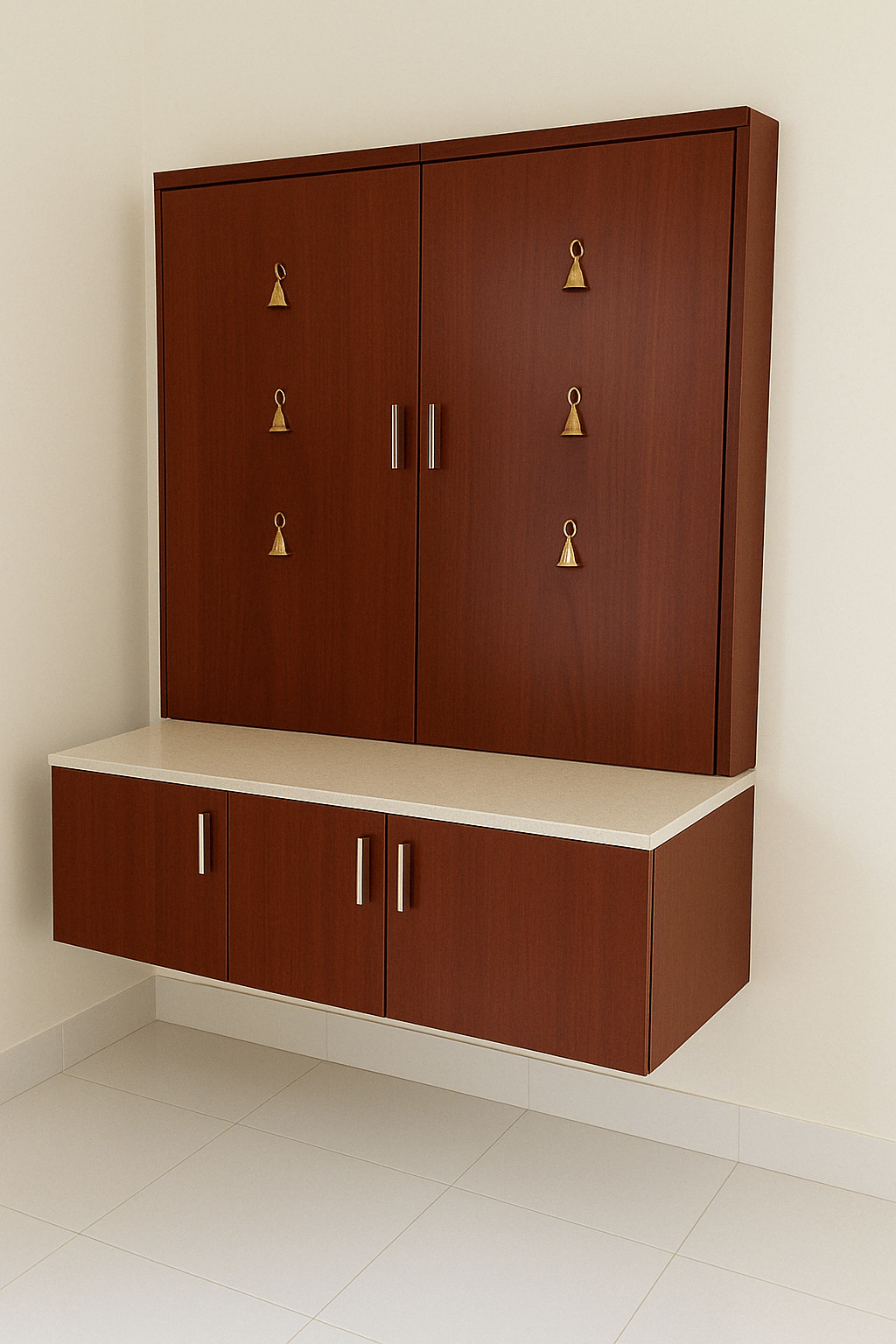 Compact and affordably priced wall-mounted Pooja unit with brass bells and laminate finish, installed at a residence on Mettupalayam Road, Tamil Nadu – Designed, manufactured, and installed by our expert interior and furniture team for modern Indian homes.