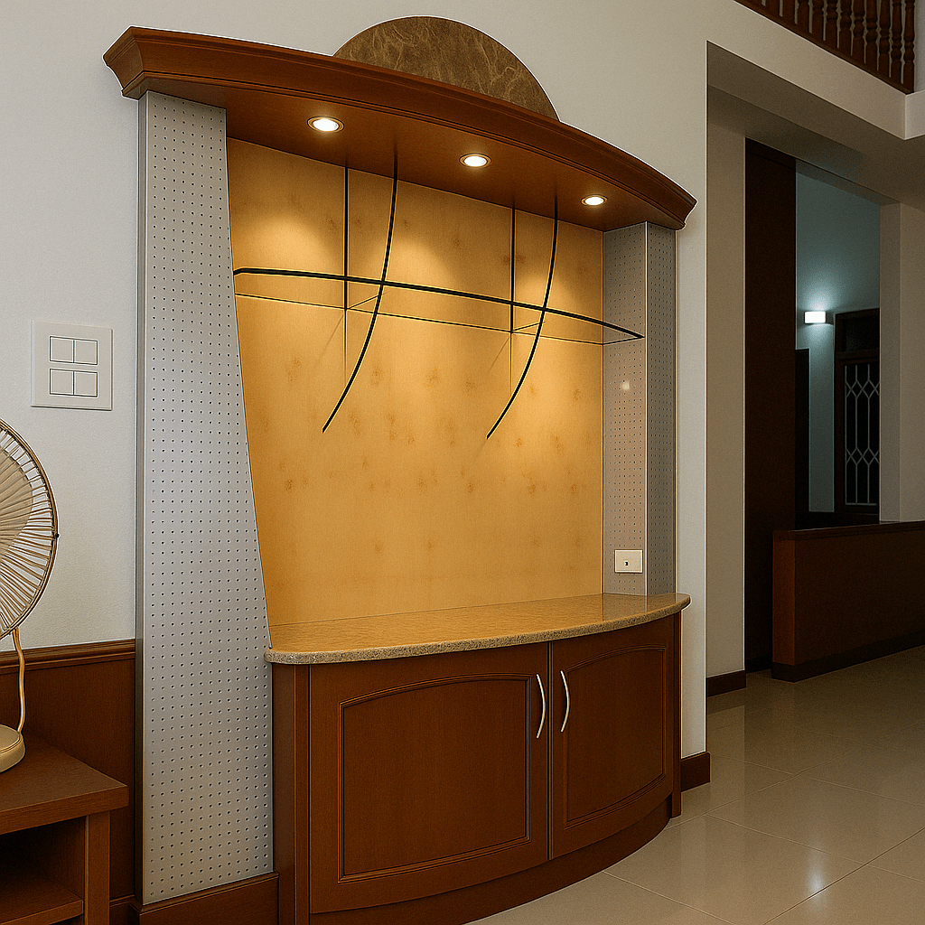 Custom-built wooden TV/display unit with curved storage cabinet, glass shelves, and spotlights, installed at a residence in Pallipalayam, Erode, Tamil Nadu – crafted by expert interior designers and contractors.