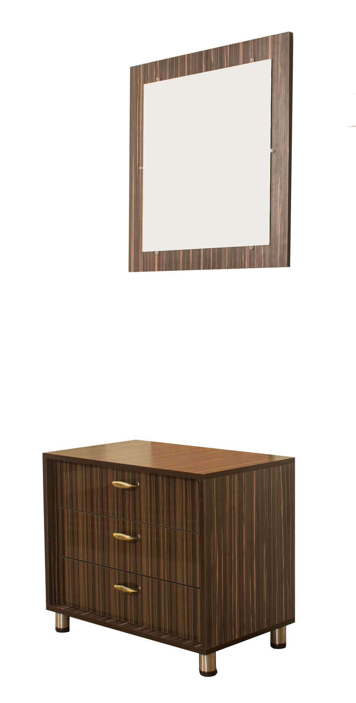 Modern wall-mounted mirror with matching wooden chest of drawers featuring brass handles – elegant and compact dressing setup designed, manufactured and installed by our team in Pattanam, L&T Byepass road, G Square, Coimbatore.