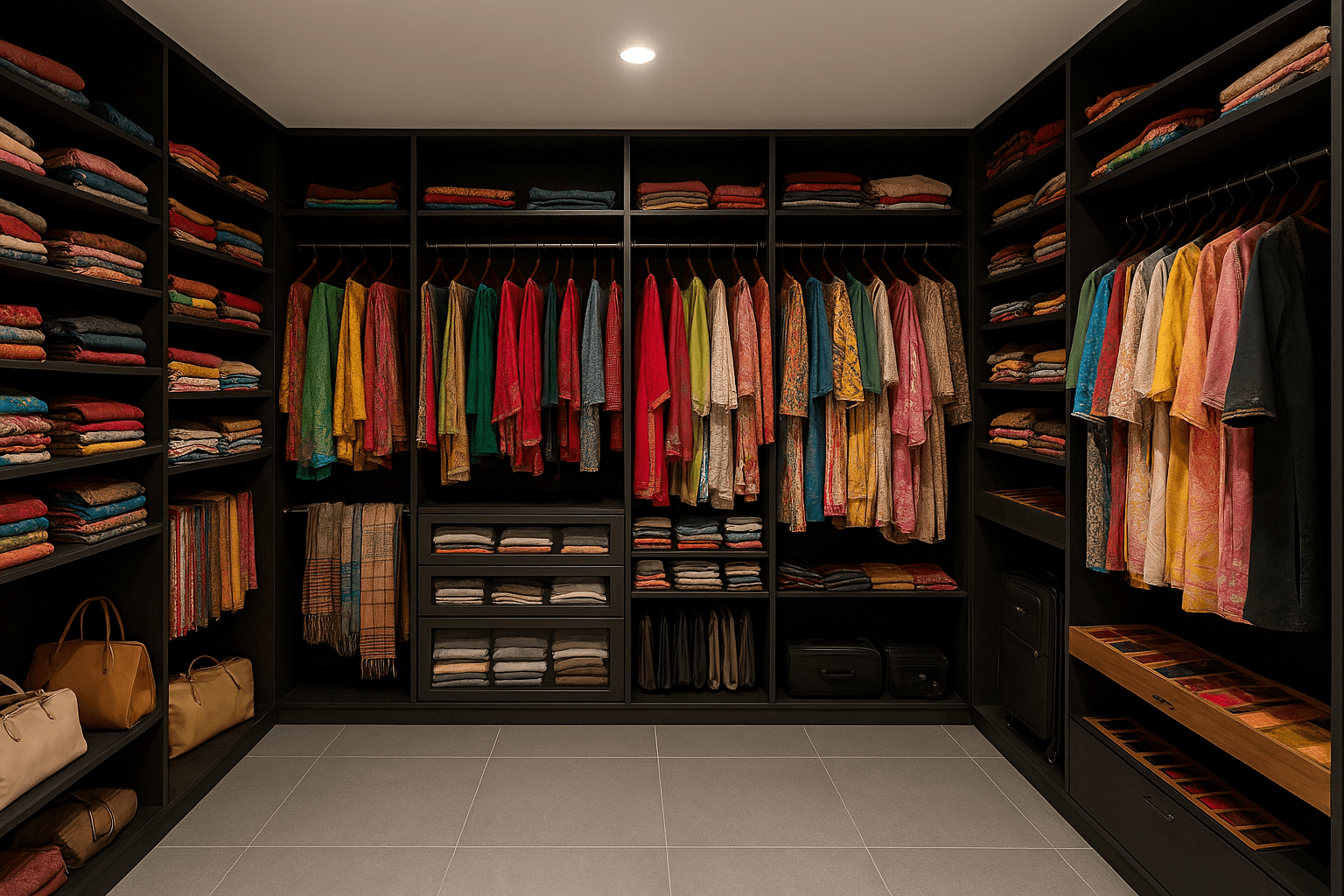 Luxury walk-in wardrobe in matte black finish with dedicated saree hangers, open shelving, glass-front drawers, luggage space, and custom compartments ideal for Indian ethnic wear – designed and installed at Neelambur, Avinashi Road, Coimbatore by expert turnkey interior designers and premium modular furniture contractors.