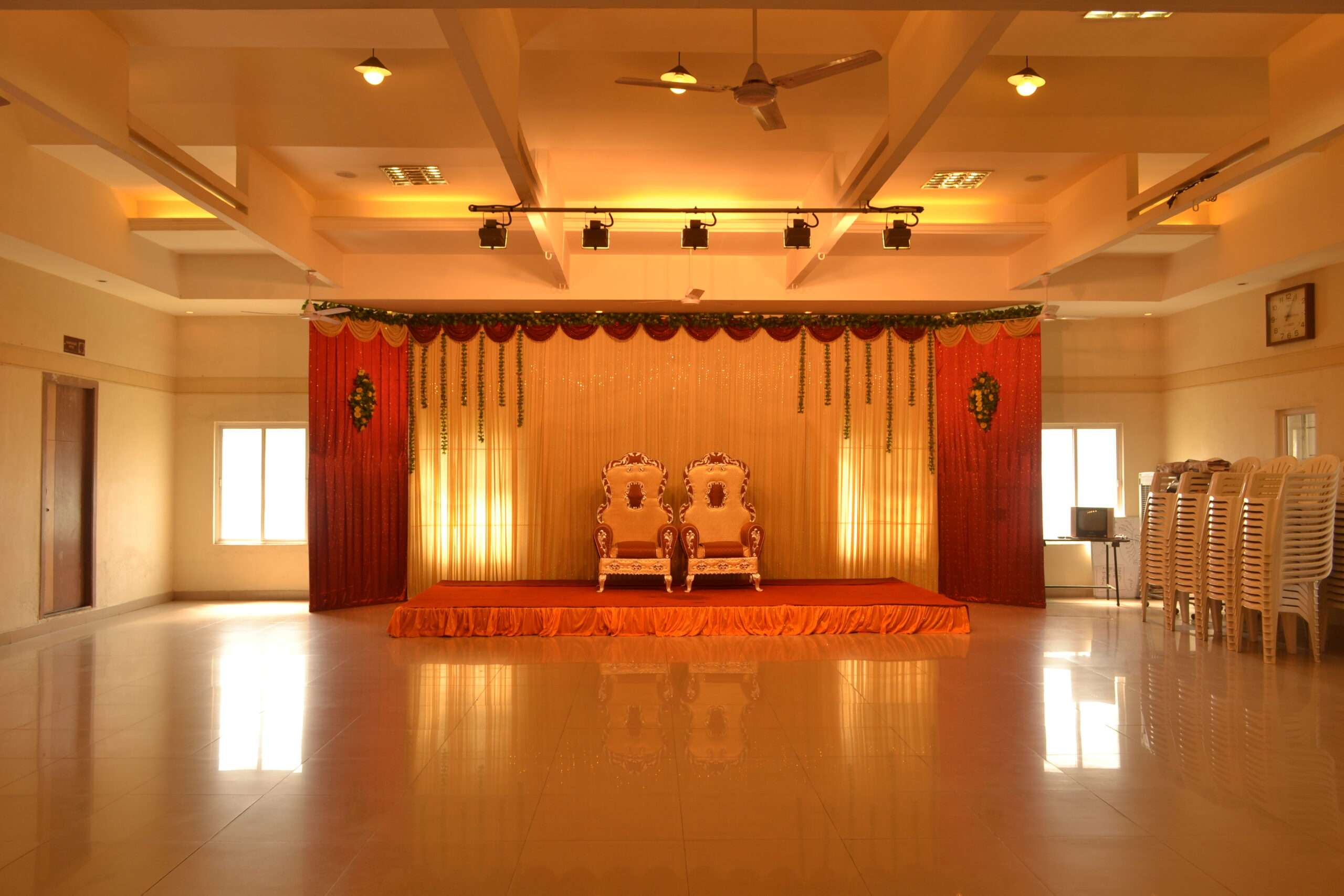 This marriage hall, traditional function hall with good interiors, false ceiling is designed at Coimbatore.
