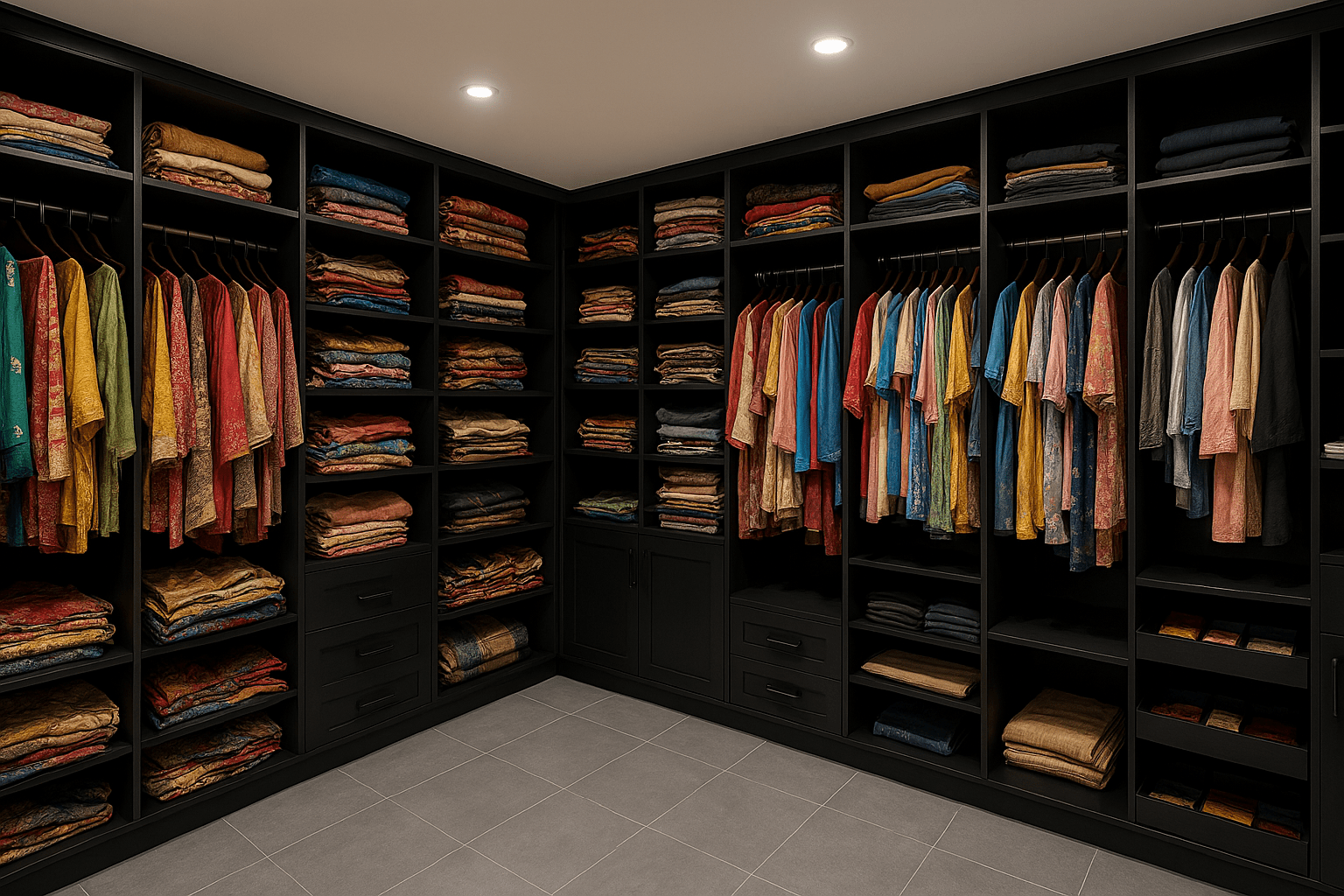 Spacious walk-in wardrobe in matte black finish with saree hanging rods, open shelves, deep drawers, and custom storage compartments – tailor-made for ethnic wear organization and installed in Salem by expert turnkey interior contractors and modular furniture specialists.