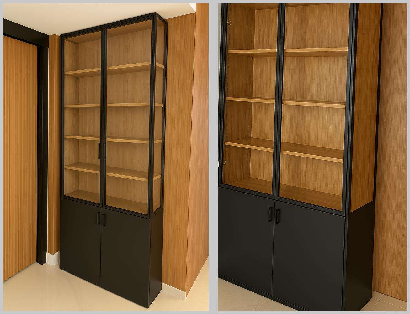 Modern storage and display cabinet with black frame, glass doors, and wooden finish shelves, custom-installed at a residence in Thudiyalur, Mettupalayam Road, Coimbatore – designed by professional interior designers and contractors.