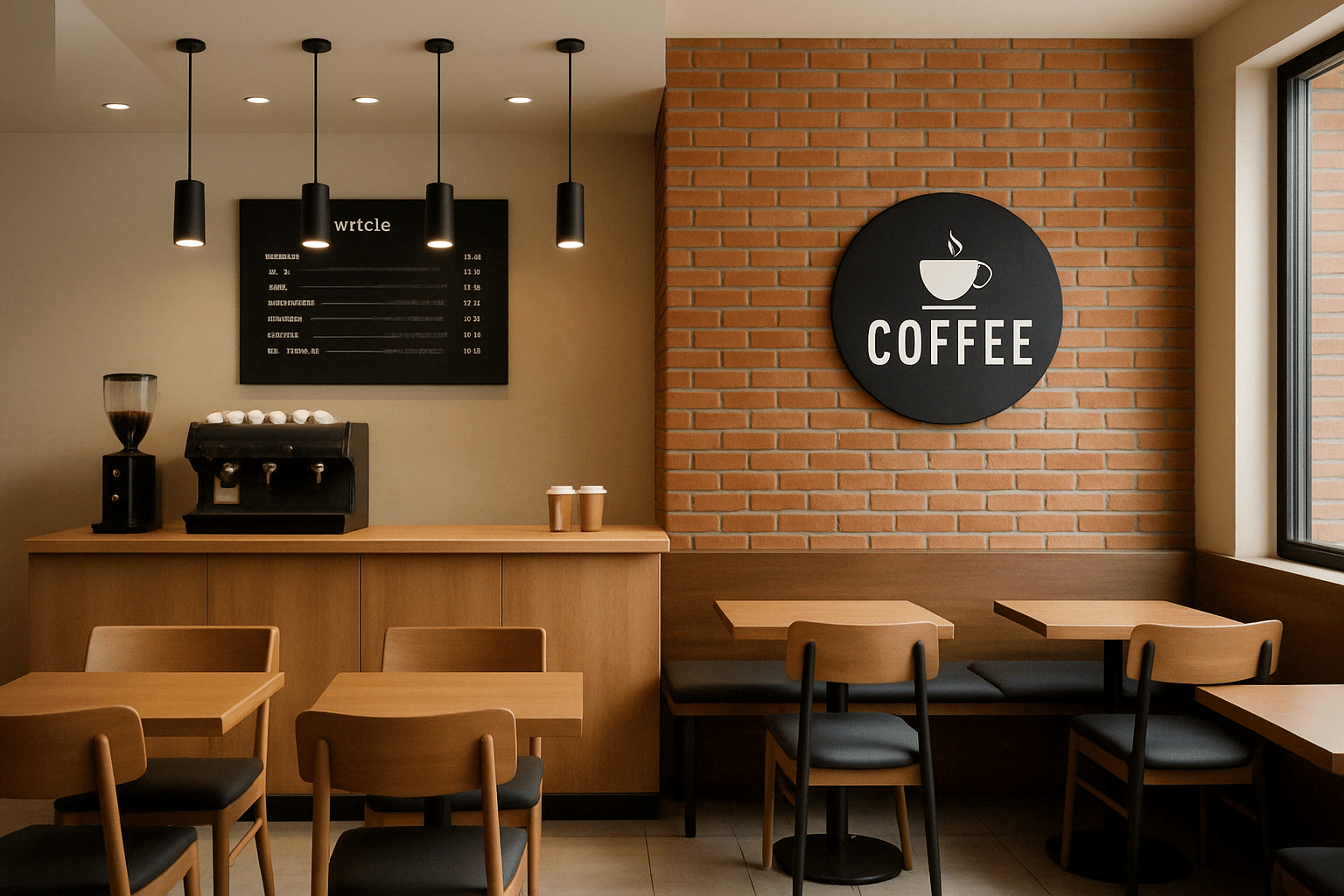 Minimalist coffee shop and QSR interior with brick wall cladding, wooden furniture, and pendant lighting, designed and installed at a cozy café in Ooty, Tamil Nadu by our expert interior and furniture team.