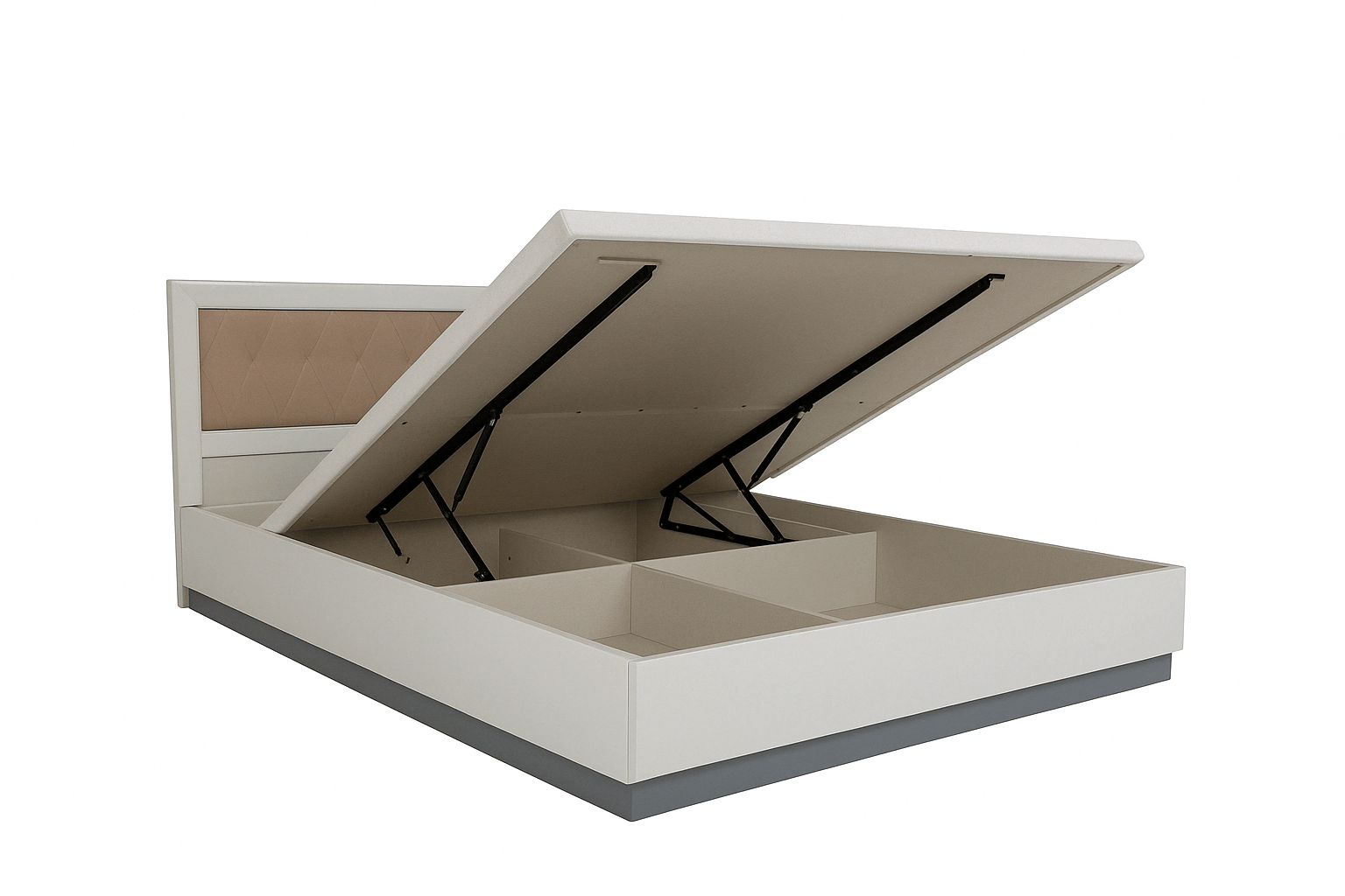 Contemporary, space saving, affordable - hydraulic storage cot with cushioned headboard, dual-tone matte finish, and deep partitioned under-bed storage – perfect for modern apartment living in Coimbatore, Tamil Nadu. Designed by expert interior designers and modular furniture specialists, with custom size options available.