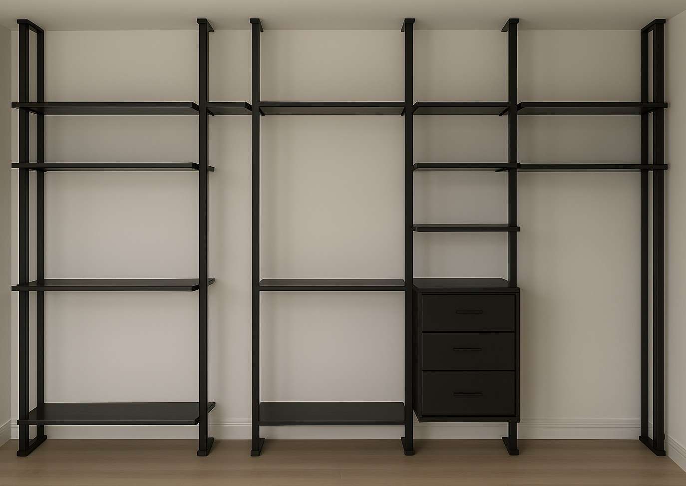 Minimalist open walk-in wardrobe with black aluminium profile frame, adjustable shelves, and floating drawer unit at Erode. Designed, manufactured, and installed by our expert interior and furniture team.