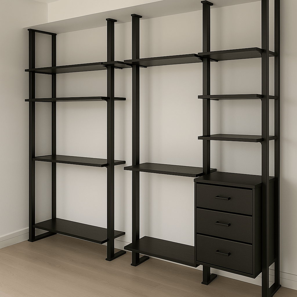Custom open walk-in wardrobe with sleek black aluminium profile shelving, floating drawers, and modular layout – installed at Ganapathy, Sathy Road, Coimbatore by expert designers, interior contractors and modular furniture specialists.