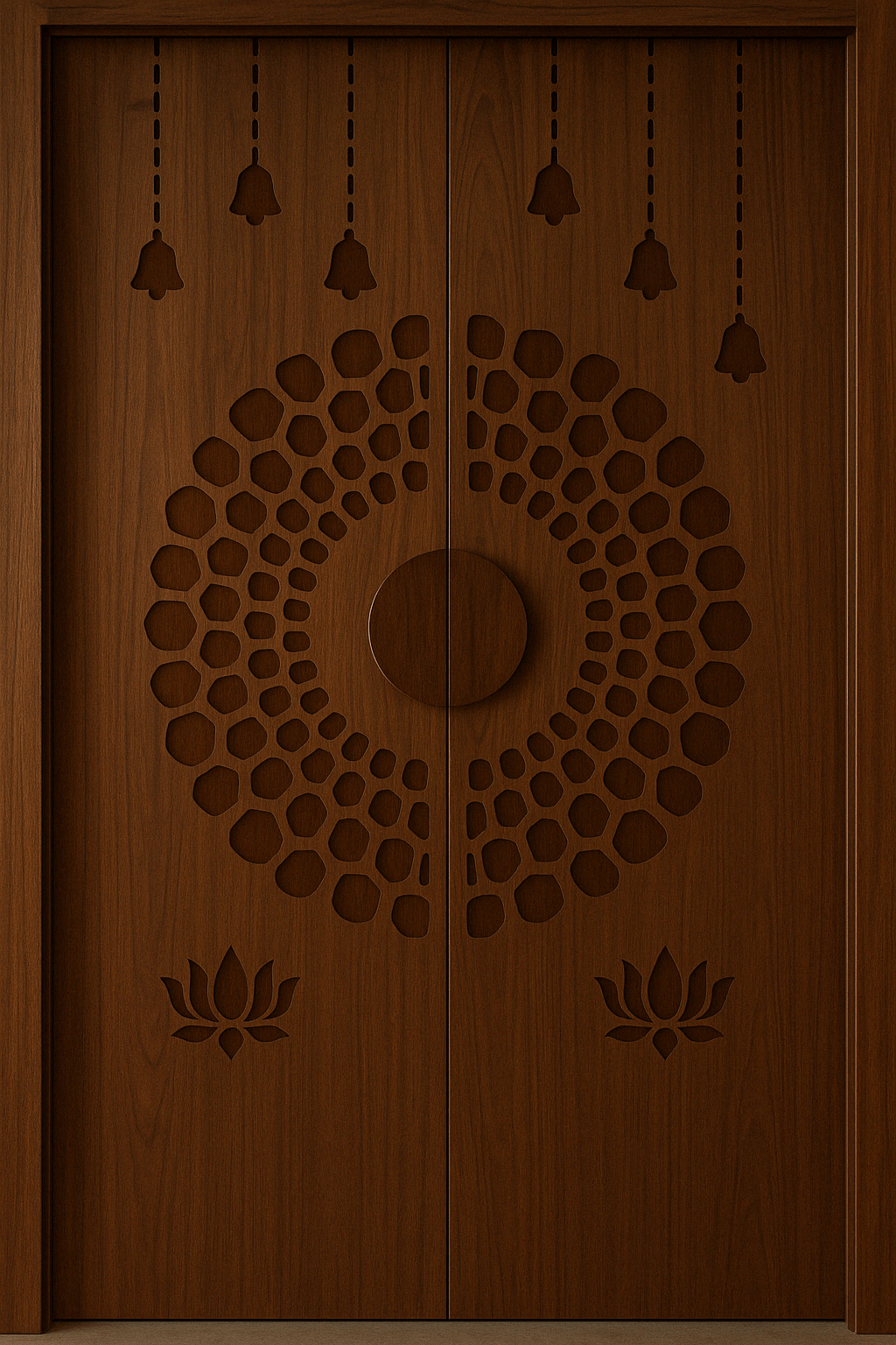 Intricately carved wooden Pooja room door with circular mandala pattern and lotus motifs, custom designed for a home interior in Salem – Designed, manufactured, and installed by our expert interior and furniture team.