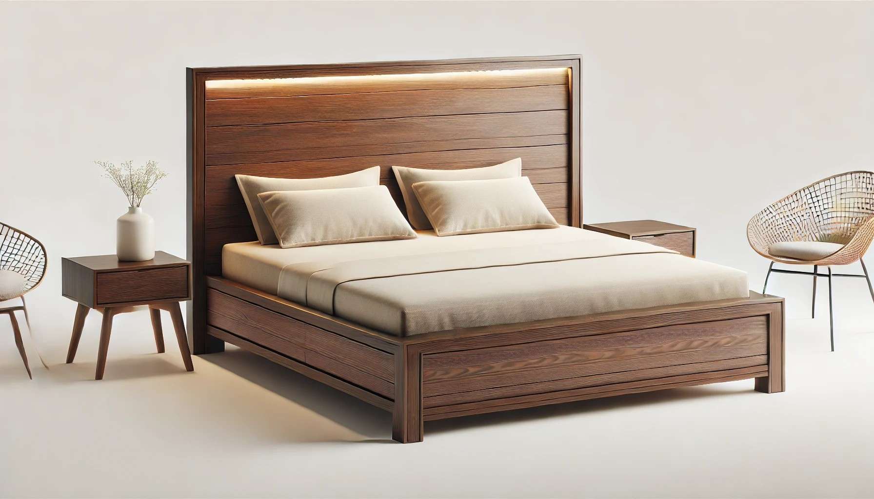 Premium solid wood king size cot with horizontal panel headboard and integrated ambient lighting – custom-crafted and installed at Coonoor near Ooty, Tamil Nadu. A luxurious and durable bed design by expert interior designers and solid wood furniture specialists.