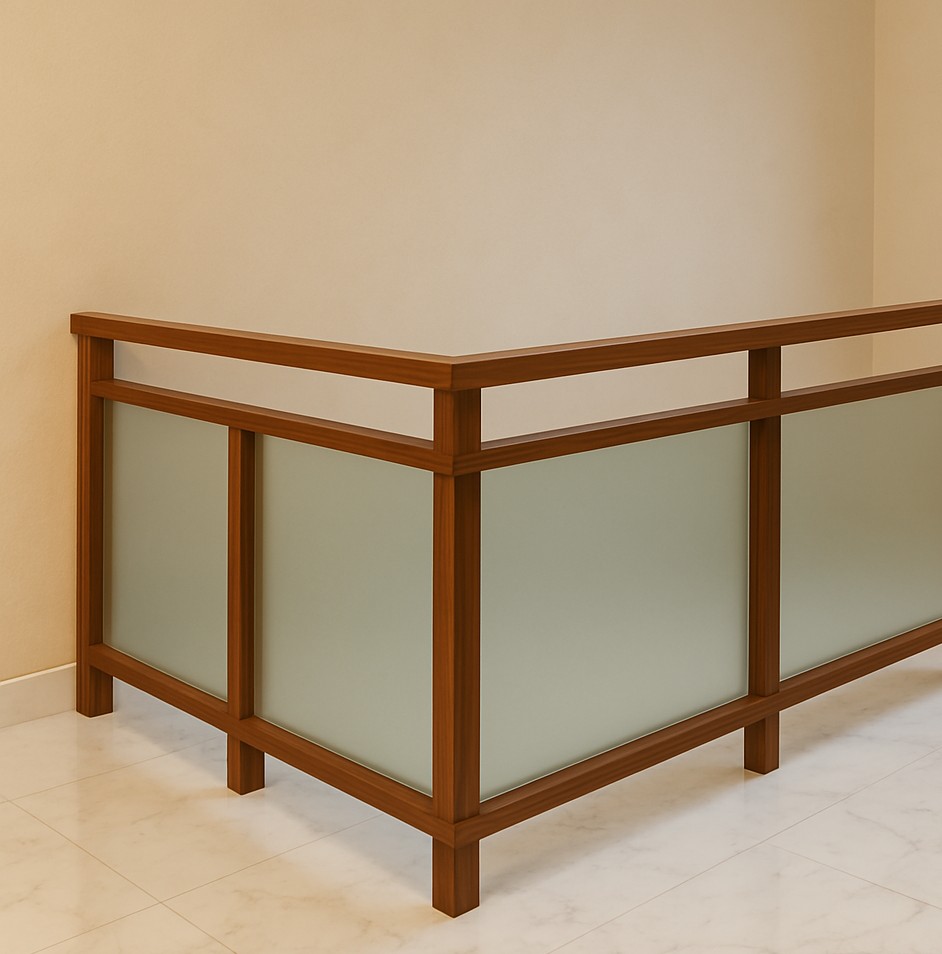 Wooden safety railing with frosted glass panels installed on a first-floor corridor in a modern home at Coimbatore – customized by expert interior contractors for safety and aesthetics.