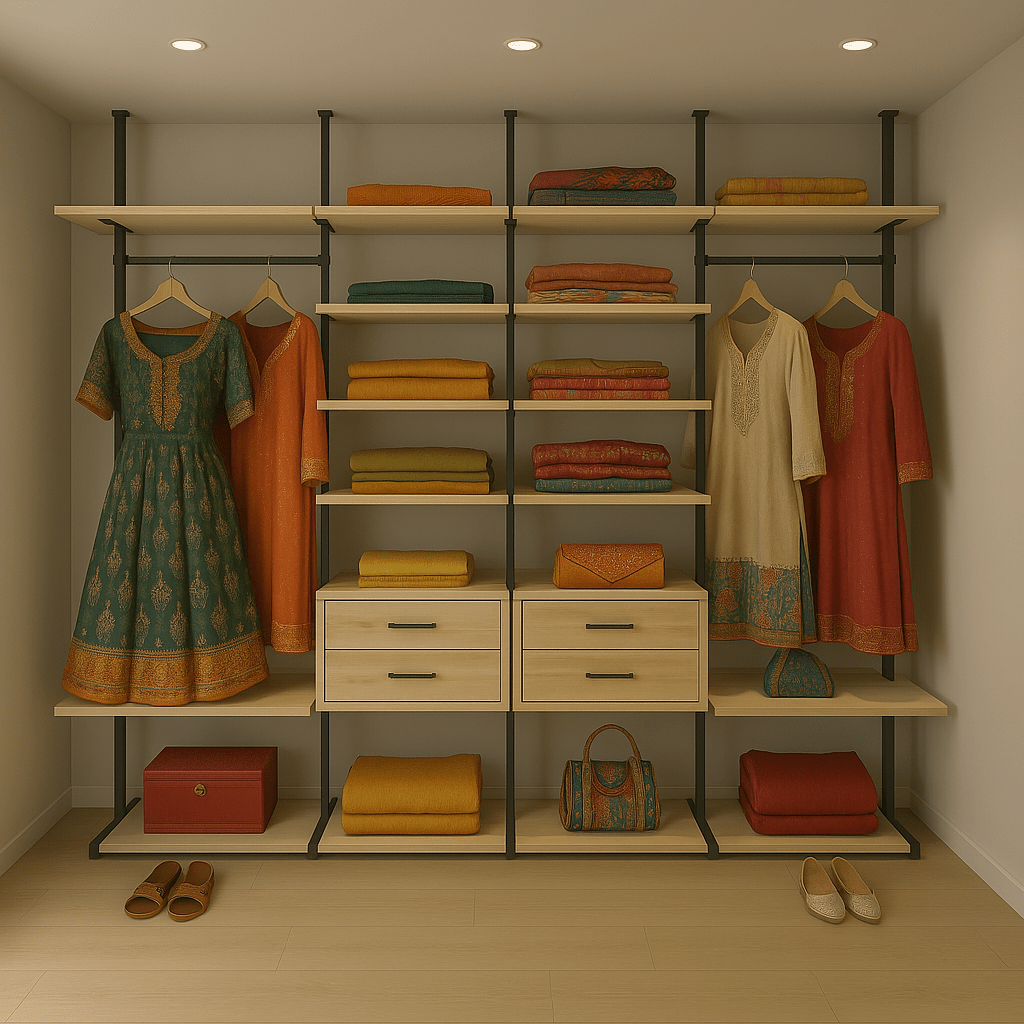 Modern open walk-in wardrobe with aluminium profile frame, natural wood finish shelving, floating drawers, and organized ethnic wear storage – custom-built at Chennai, Tamil Nadu, India. Designed, manufactured, and installed by our expert interior and furniture team.