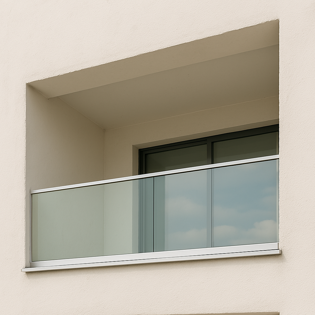Modern balcony with sleek glass railing and aluminium frame at a residential building on Avinashi Road, Coimbatore – a minimal and stylish safety solution designed, manufactured, and installed by our expert interior and furniture team.