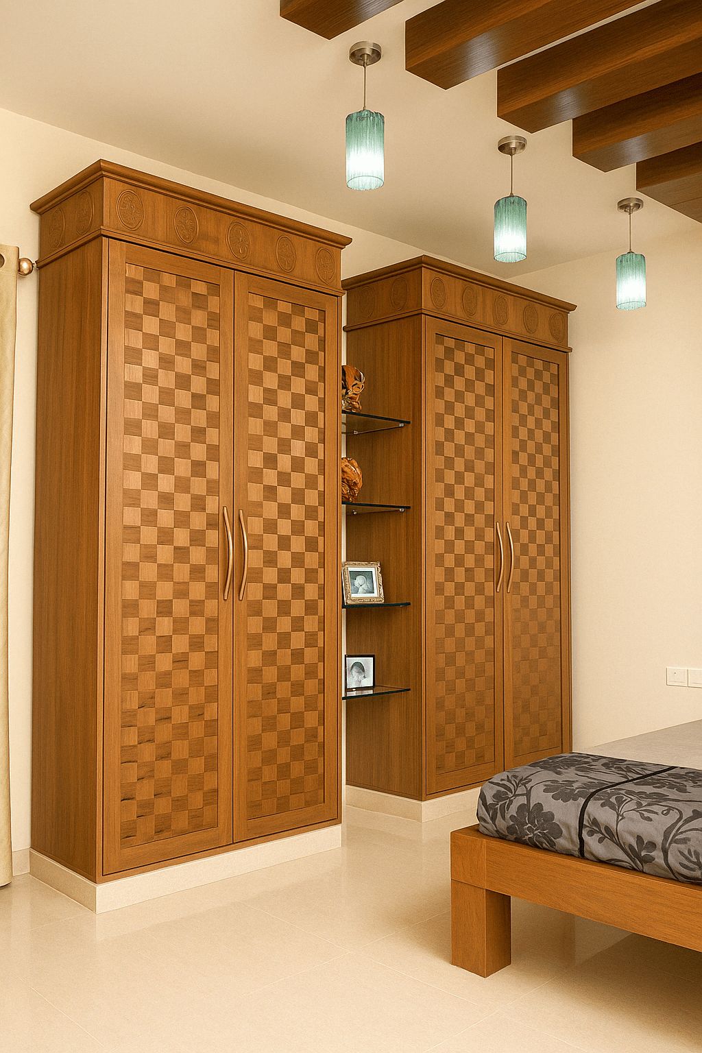 Cost effective - Twin wooden wardrobes with decorative checkerboard teak wood shutters and carved lofts, flanked by open glass display shelves — traditional yet stylish residence interiors by custom interior experts in Udumalaipettai, Udumalai, Udumalpet, Tamilnadu.