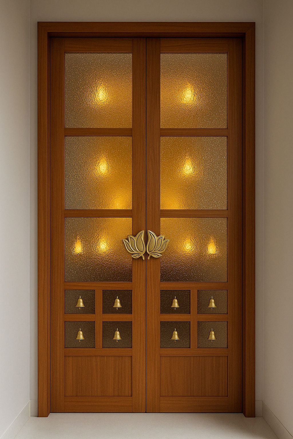 Traditional wooden Pooja room door with textured glass panels, brass bells, and lotus handles, designed for a serene prayer space in a Tamil Nadu residence - Designed, manufactured, and installed by our expert interior and furniture team.
