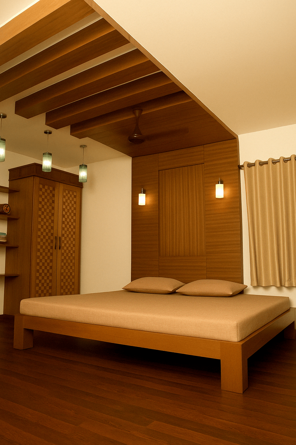 Wooden headboard paneling and continuous ceiling paneling in a rich residence interior in Mettupalayam, Tamilnadu. Designed, manufactured, and installed by our expert interior and furniture team.
