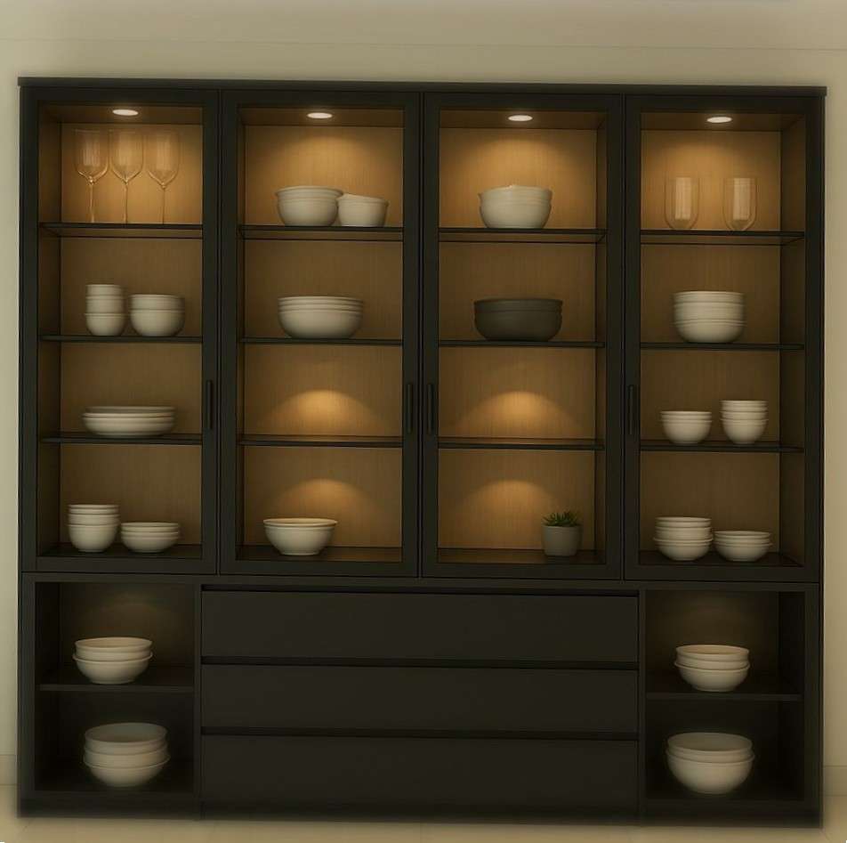 Contemporary crockery unit with matte black frame, glass doors, internal lighting, and open bottom shelves – custom designed for a residence on Yercaud Road, Salem by expert interior designers and furniture contractors.