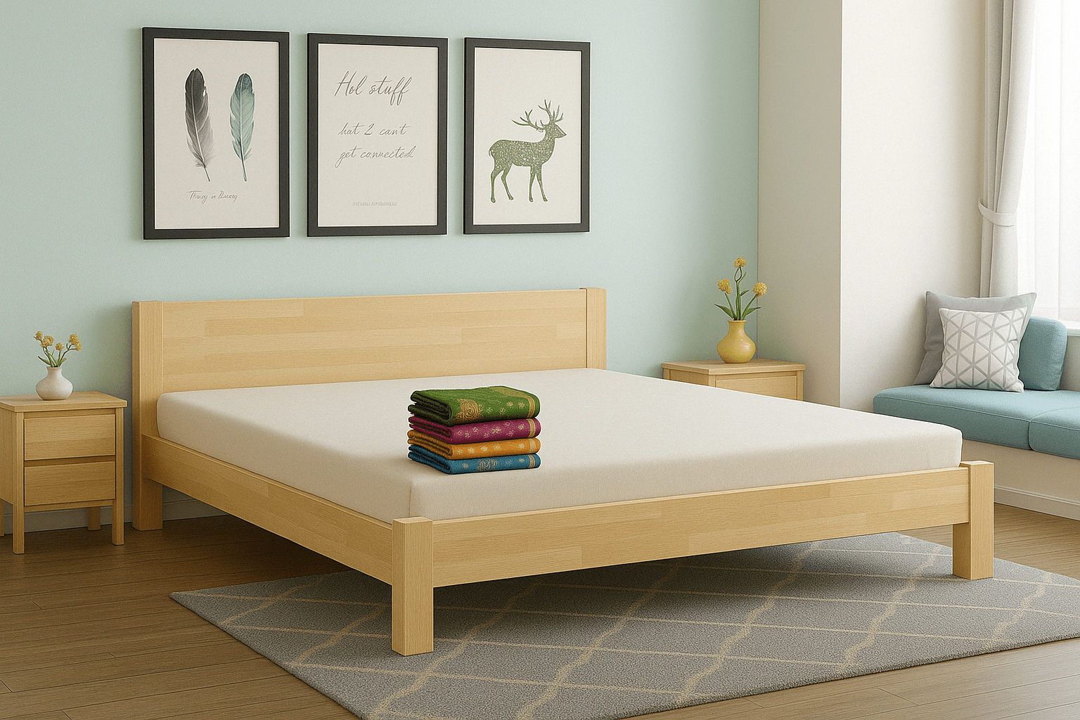 Light wood king size cot with minimalist headboard and clean-lined frame, styled for a modern bedroom – installed at Chennai. Crafted by interior designers and modular furniture specialists, ideal for contemporary Indian homes seeking simple and elegant design.