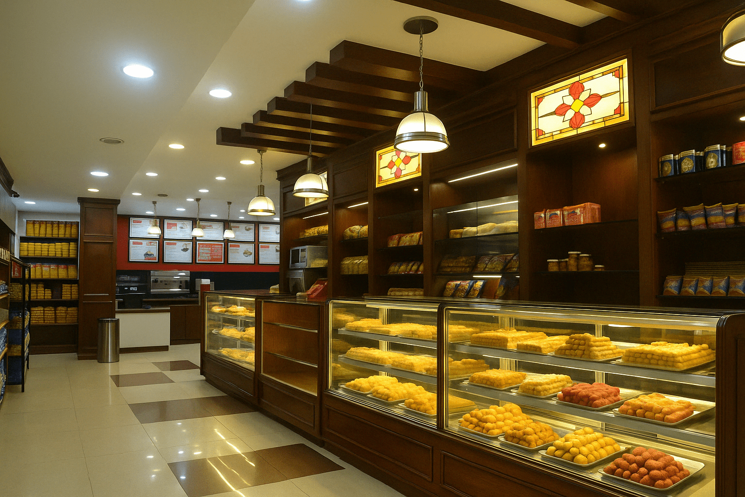 Traditional sweet shop interior in Coimbatore, Tamilnadu with wooden display counters, stained glass décor, pendant lighting, and well-lit shelves showcasing a variety of Indian sweets—designed and executed by our expert interior and furniture team.