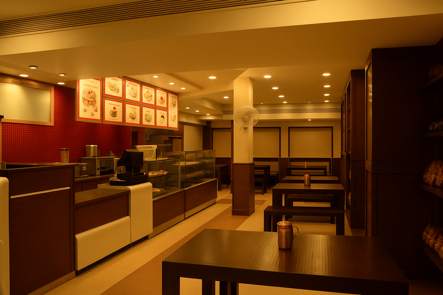 Modern restaurant interior with wooden dining tables and clean service counters, designed and executed by our expert interior team at a restaurant on Avinashi Road, NH47, Tamilnadu.