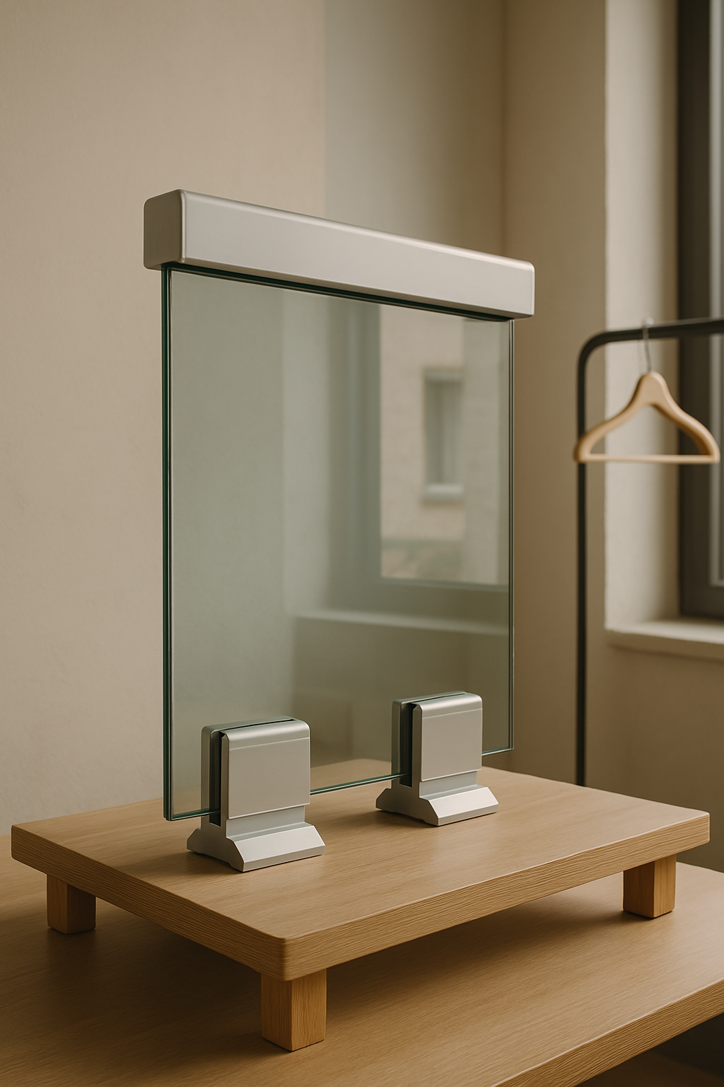 Sample of a safety glass railing with aluminium profile handle, showcased for residential and commercial projects in Coimbatore, Erode, Salem, and Chennai – ideal for modern interiors and balconies.