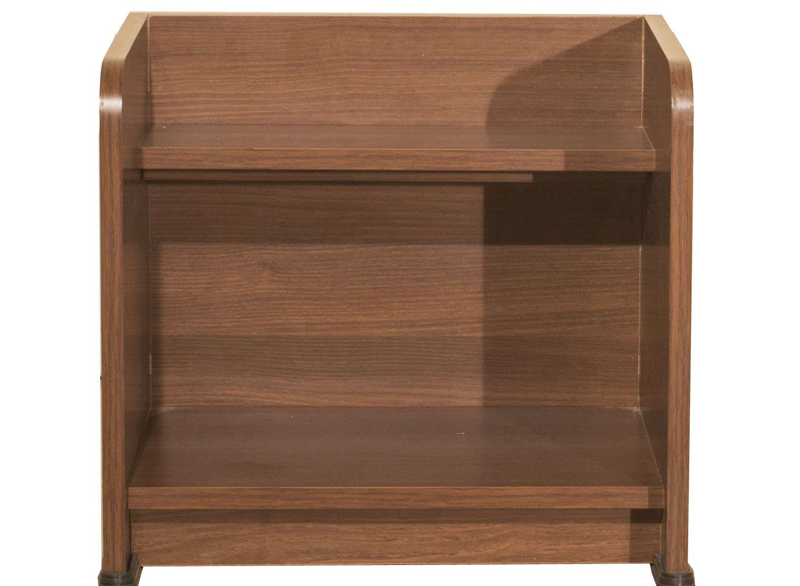 Open shelf bedside unit with curved edges and walnut wood finish – good discounted price - compact and functional design installed at an apartment in Ramnagar, Gandhipuram, Coimbatore.