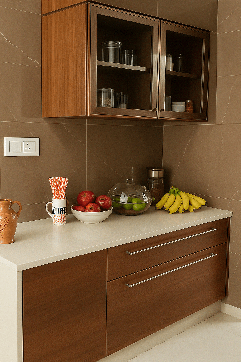 Compact modular kitchen pantry unit with overhead glass-front cabinets and base drawers in wood finish, custom installed at a residence in Coimbatore – designed by professional interior designers and contractors.