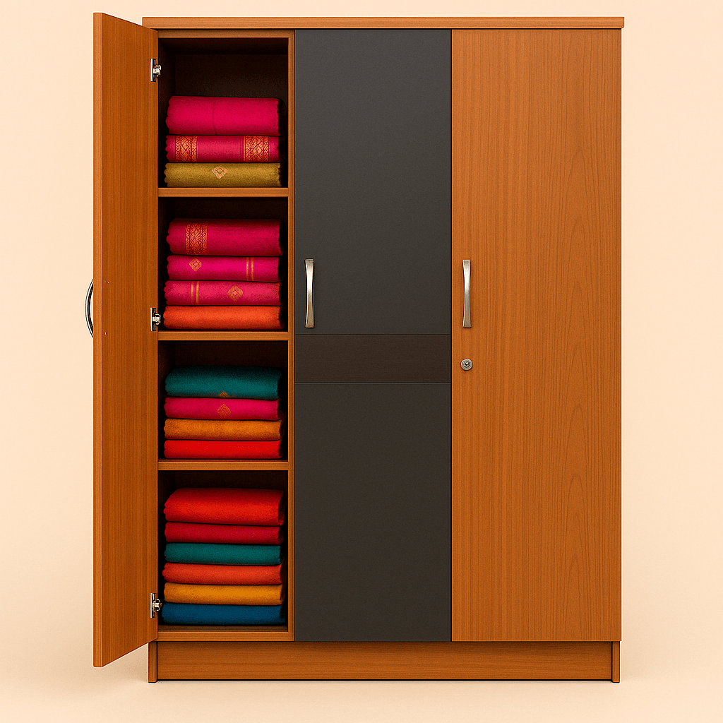 Economical, Compact dual-tone wardrobe with open shelving neatly stacked with colorful silk sarees — custom wardrobe design for Indian traditional wear storage by expert interior designers in Sathy, Sathyamangalam, Tamilnadu, India.