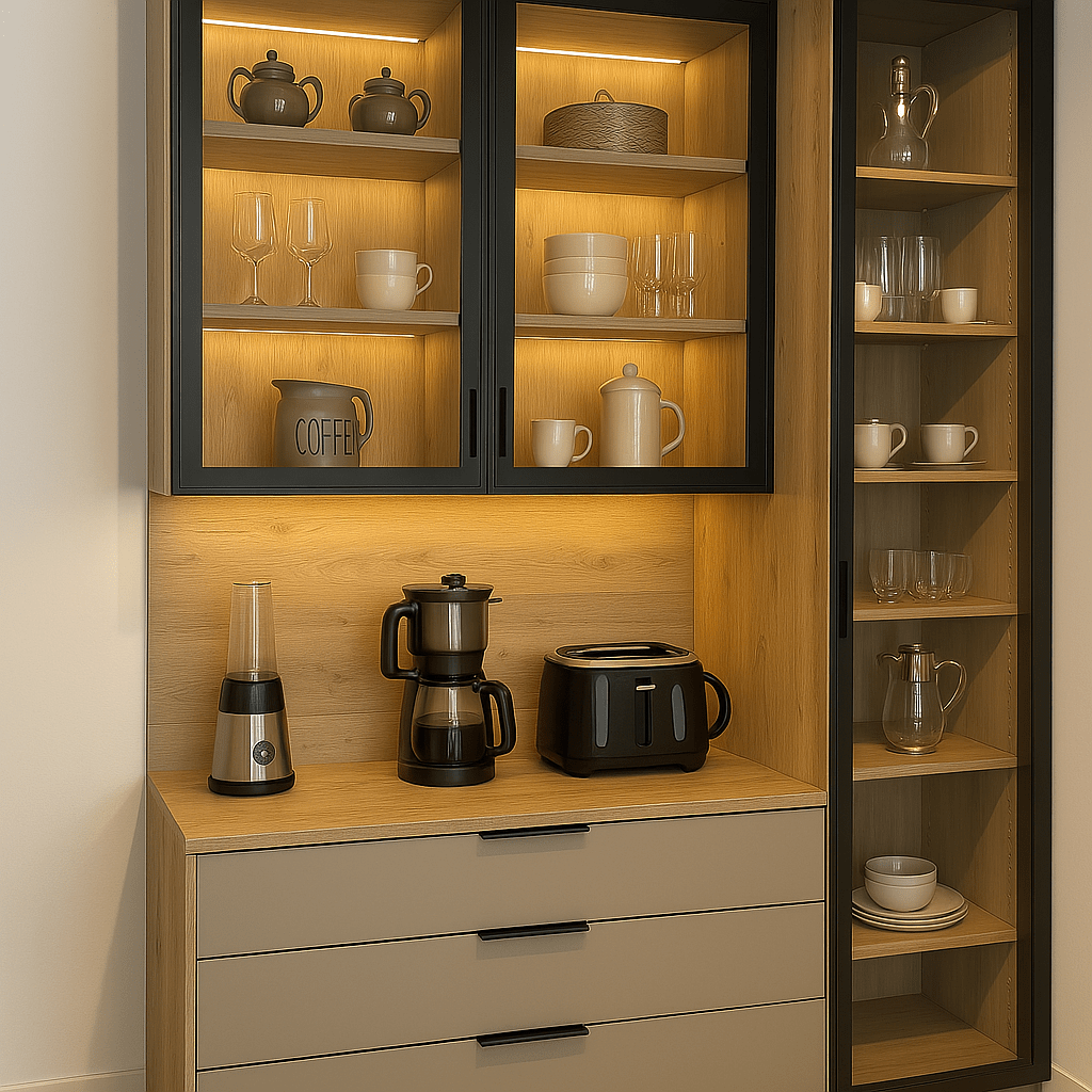 Contemporary kitchen display and utility unit with black-framed glass cabinets, warm lighting, and built-in drawers, installed at a home in Vellalore, L&T Bypass Road, Coimbatore – custom designed by expert interior designers and furniture contractors.