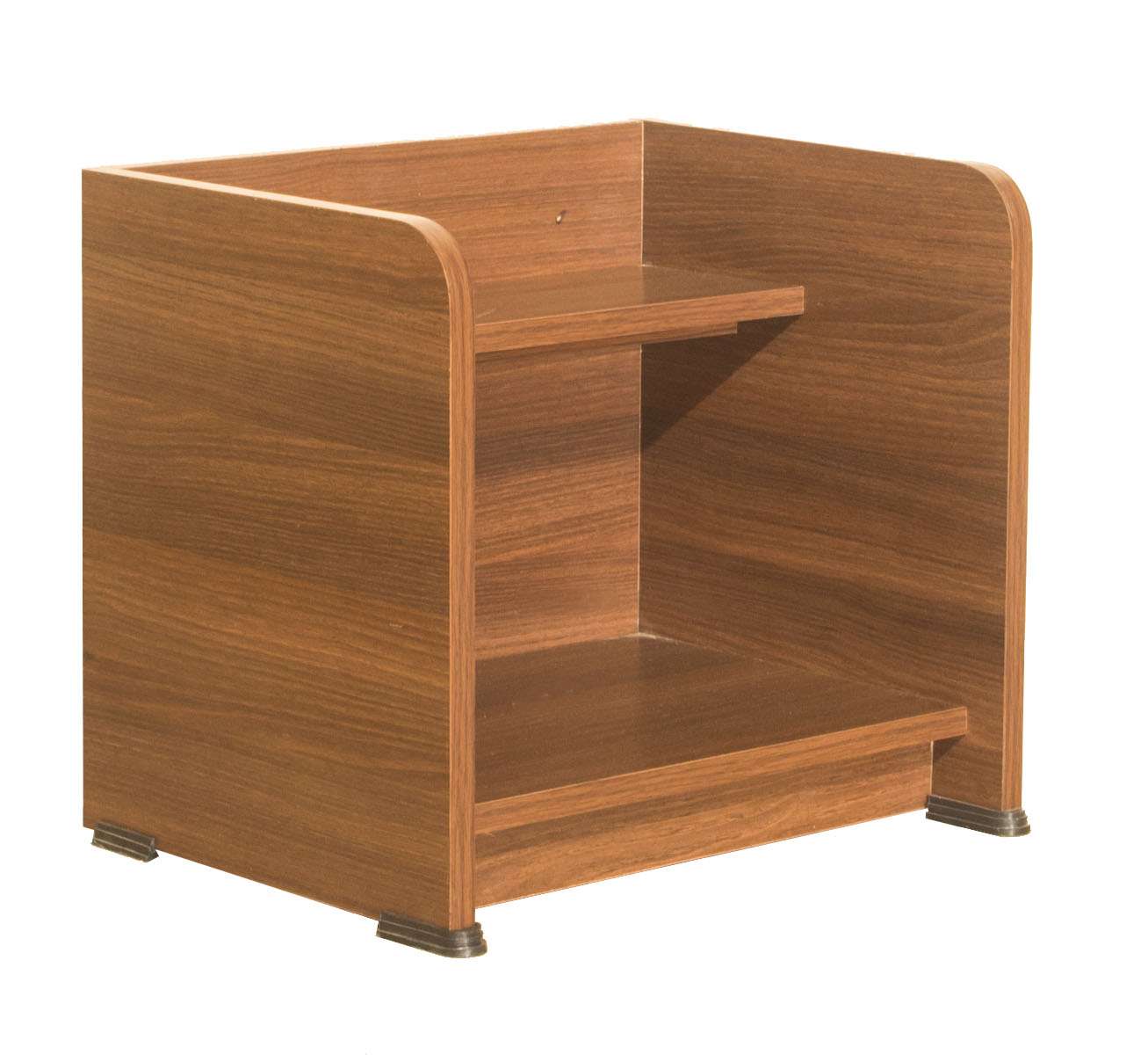 Affordable and budget-friendly bedside table with open shelf and curved edge design in walnut finish – ideal for compact bedrooms across Tamil Nadu.