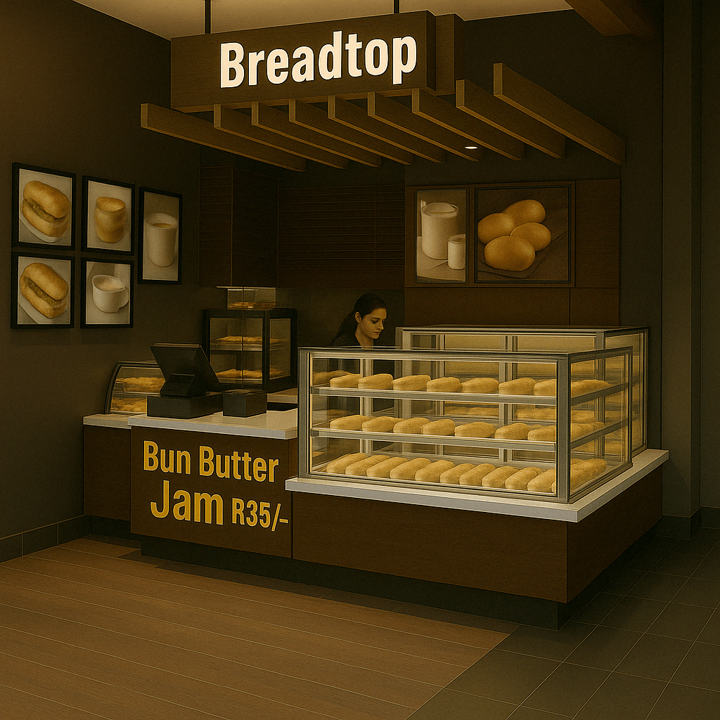 Compact and stylish bakery counter in Coonoor, Tamilnadu, featuring glass-fronted display for fresh buns, branding for products, and modern wooden interiors — designed and installed by professional interior contractors and furniture manufacturers.