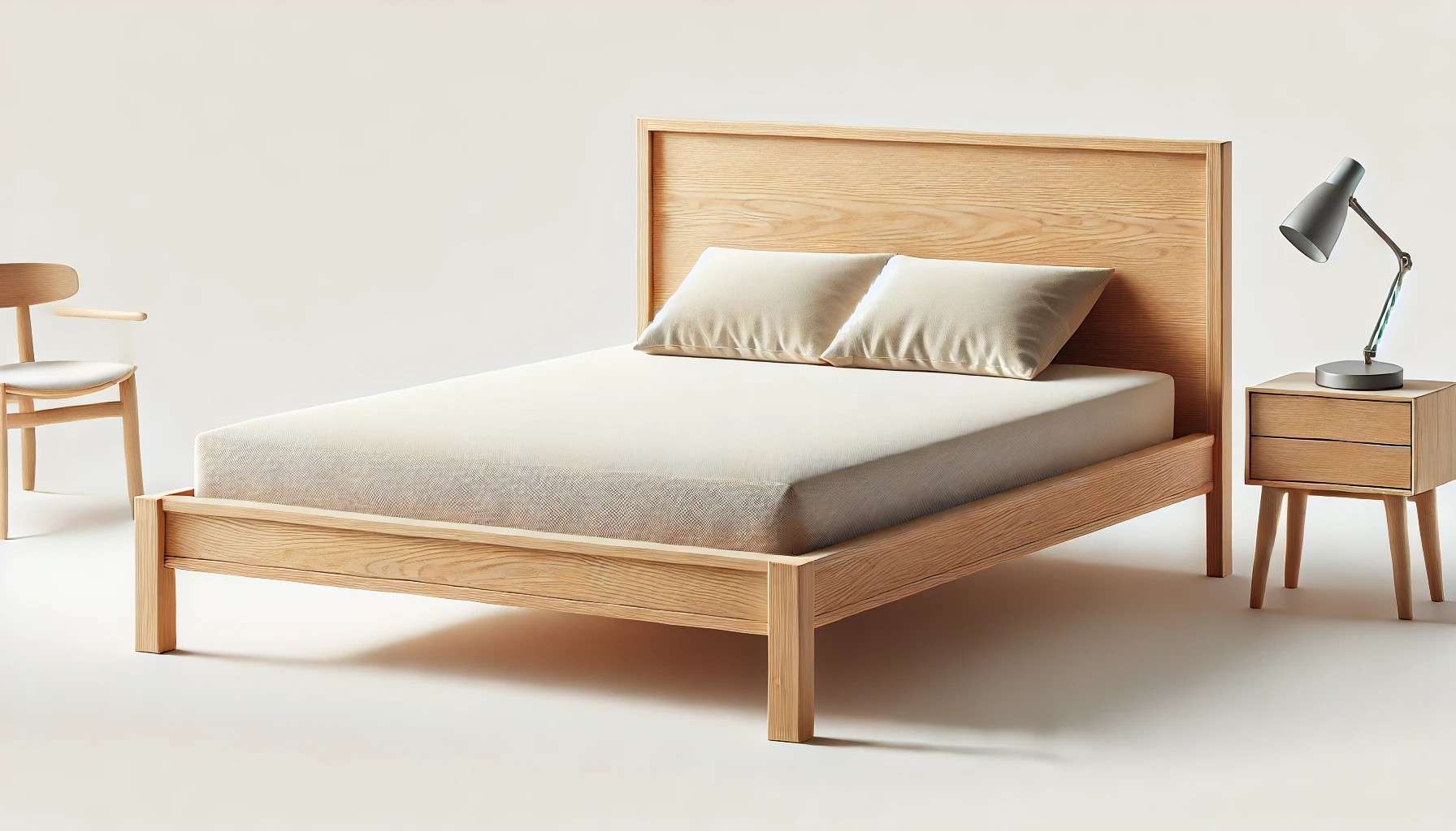 Minimalist king size cot in light natural wood finish with clean-lined headboard – installed at Mettupalayam, Tamil Nadu. Ideal for modern and Scandinavian-style bedrooms, crafted by expert furniture makers and interior designers for timeless elegance and durability.